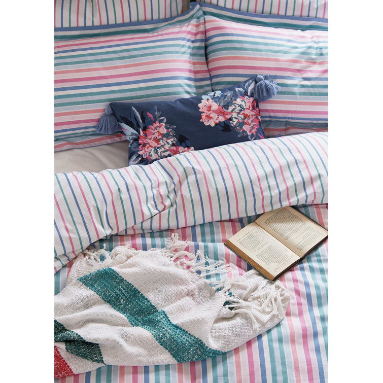JOULES Lost Garden Stripe White/Green/Pink Percale 180 TC Reversible Duvet Cover Set Wayfair.co.uk